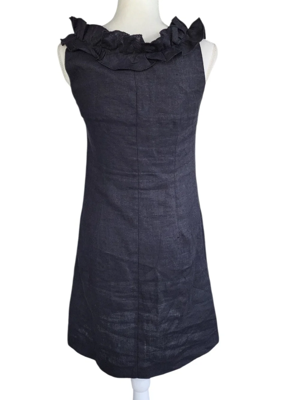 Sara Campbell 100% Linen Black Ruffle-Neck Sleeveless Mini Dress - Picture 2 of 8